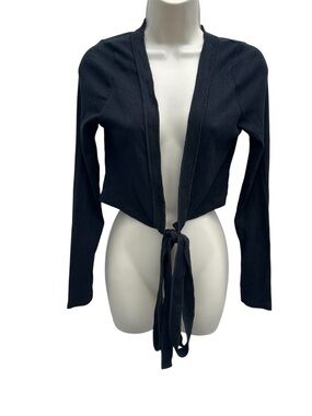 Zara Black Women's Large  Ribbed Tie-Front Cropped Cardigan Minimalist NWT